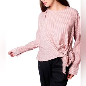 Women’s Long Sleeves Vertical Striped Crew Neck Top With Side Toe Knots